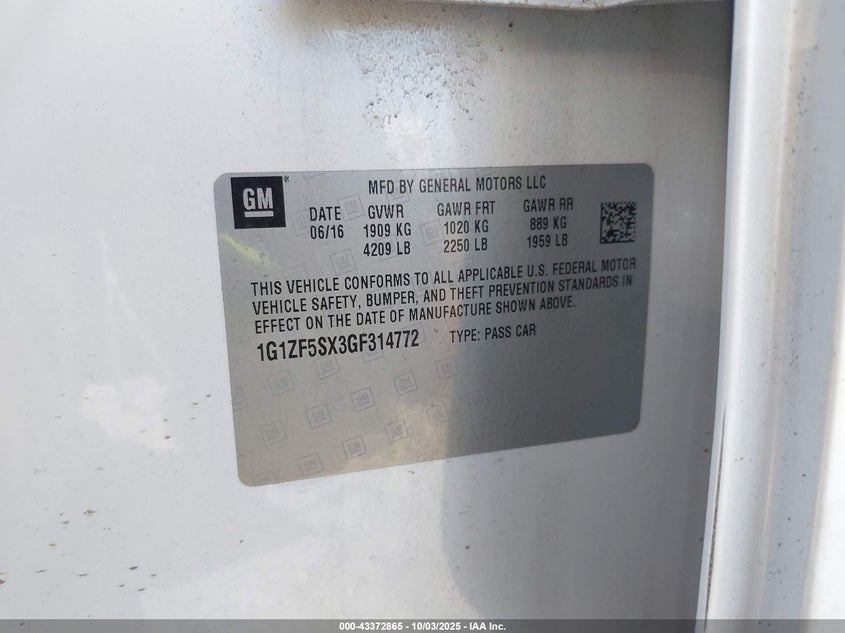 2016 Chevrolet Malibu 2Lt VIN: 1G1ZF5SX3GF314772 Lot: 43372865