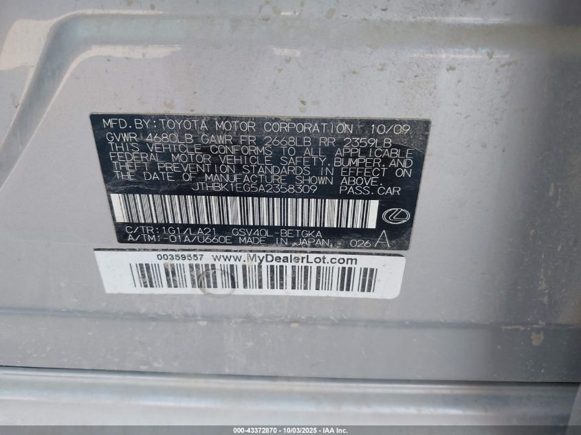 2010 Lexus Es 350 VIN: JTHBK1EG5A2358309 Lot: 43372870