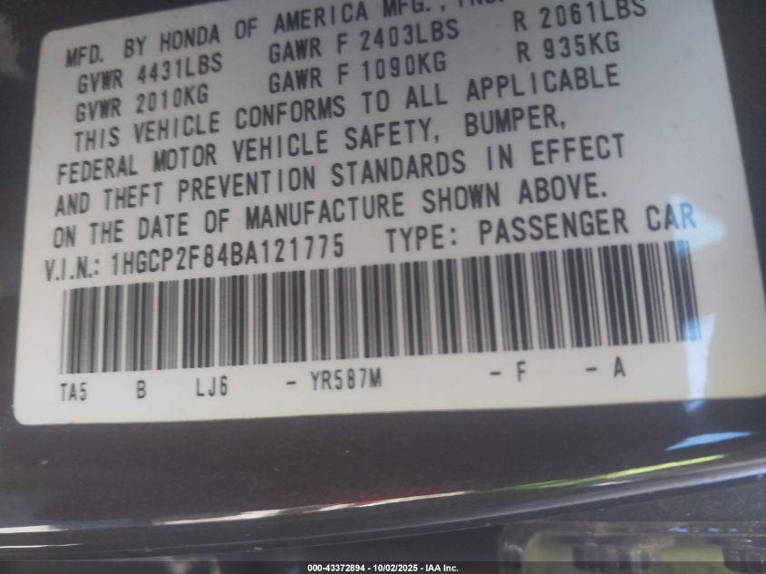 2011 Honda Accord 2.4 Ex-L VIN: 1HGCP2F84BA121775 Lot: 43372894