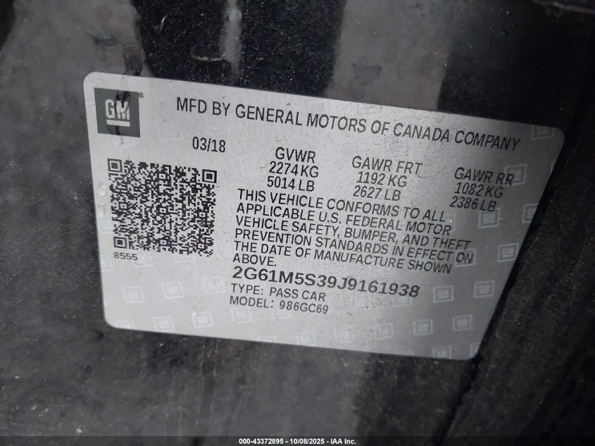 2018 Cadillac Xts Luxury VIN: 2G61M5S39J9161938 Lot: 43372895