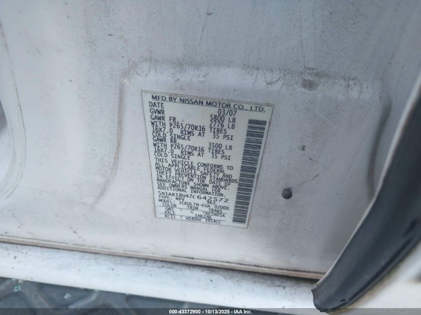 2007 Nissan Pathfinder Le/S/Se VIN: 5N1AR18U470642572 Lot: 43372900
