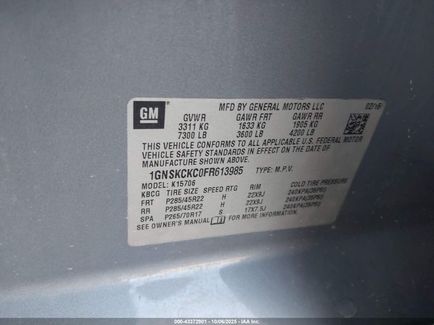 2015 Chevrolet Tahoe Ltz VIN: 1GNSKCKC0FR613985 Lot: 43372901