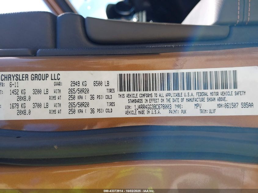 2011 Jeep Grand Cherokee Laredo VIN: 1J4RR4GG3BC678003 Lot: 43372914