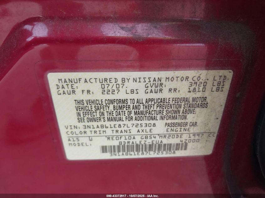2007 Nissan Sentra 2.0S VIN: 3N1AB61E87L725308 Lot: 43372917