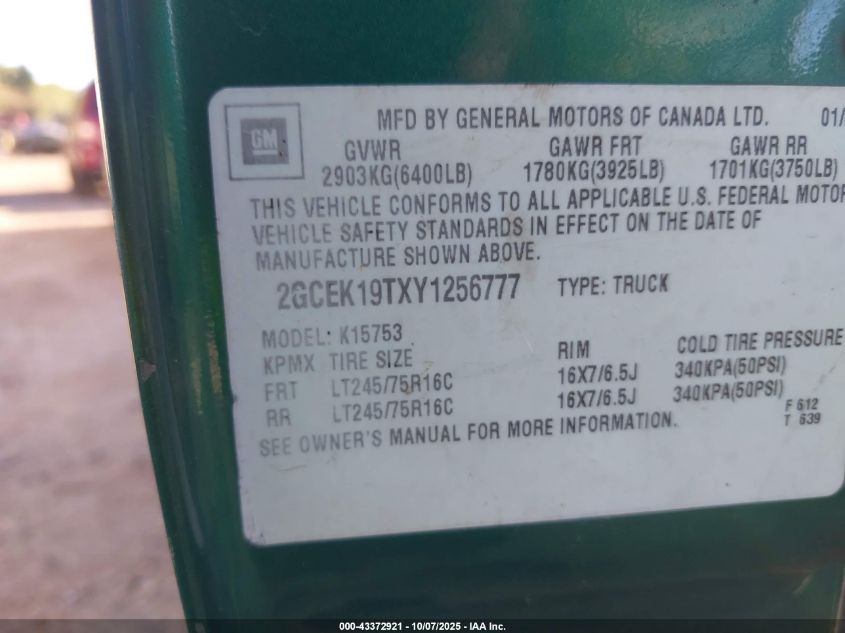 2000 Chevrolet Silverado 1500 Ls VIN: 2GCEK19TXY1256777 Lot: 43372921