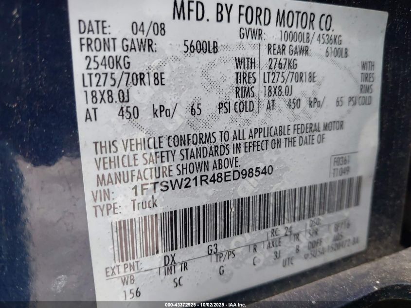 2008 Ford F-250 Fx4/Harley-Davidson/King Ranch/Lariat/Xl/Xlt VIN: 1FTSW21R48ED98540 Lot: 43372925