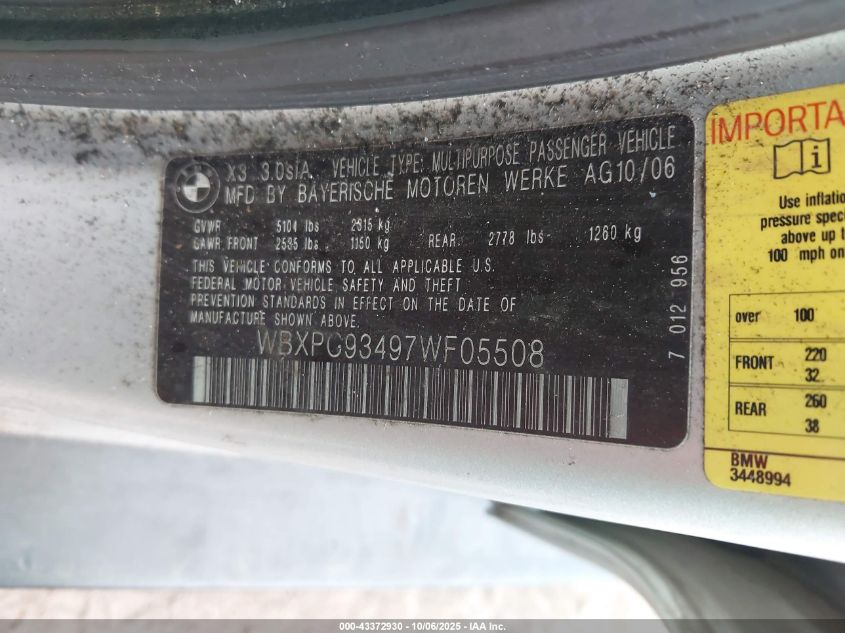 2007 BMW X3 3.0Si VIN: WBXPC93497WF05508 Lot: 43372930