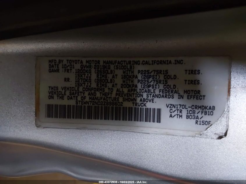 2002 Toyota Tacoma Base V6 VIN: 5TEWN72N02Z898602 Lot: 43372935