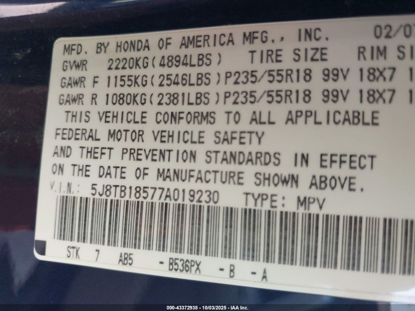 2007 Acura Rdx VIN: 5J8TB18577A019230 Lot: 43372938