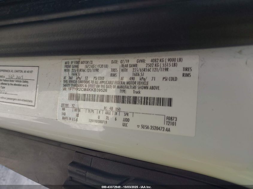 2019 Ford Transit-250 VIN: 1FTYR2CM4KKB39526 Lot: 43372949