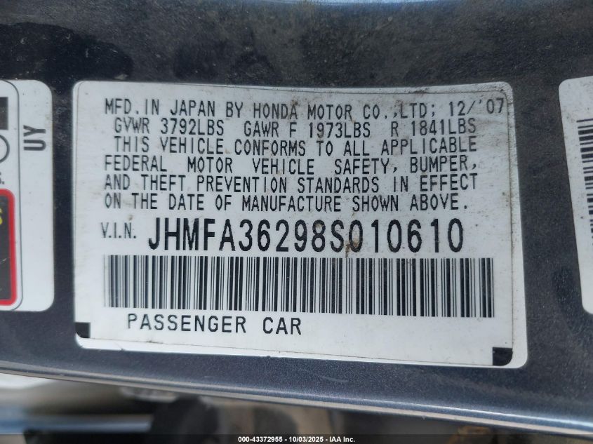 2008 Honda Civic Hybrid VIN: JHMFA36298S010610 Lot: 43372955