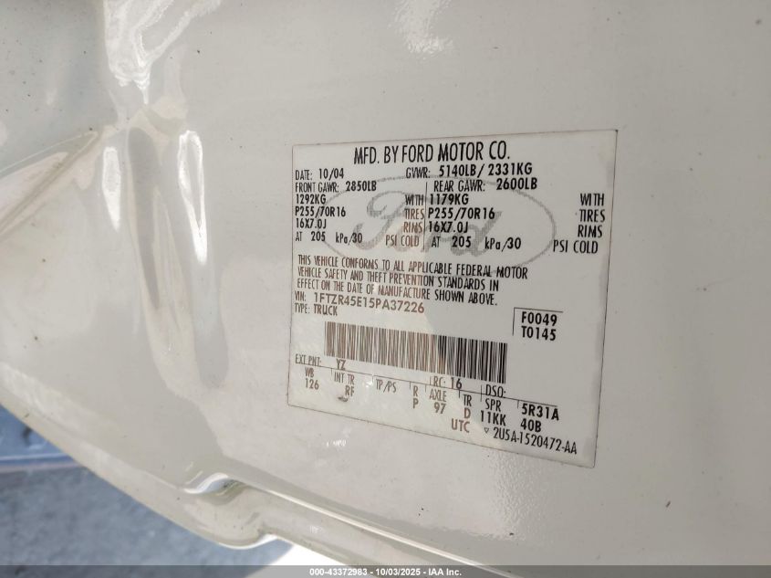 2005 Ford Ranger Edge/Fx4 Level Ii/Fx4 Off-Road/Xlt VIN: 1FTZR45E15PA37226 Lot: 43372983