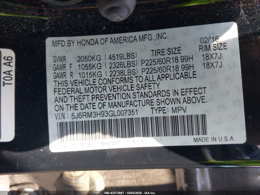 2016 HONDA CR-V TOURING - 5J6RM3H93GL007351