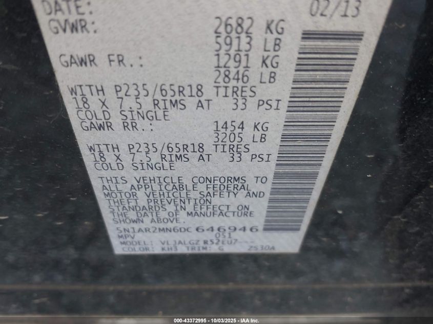 2013 Nissan Pathfinder Sl VIN: 5N1AR2MN6DC646946 Lot: 43372995