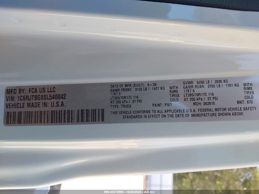 2025 Jeep Gladiator VIN: 1CGRJTBG6SL540042 Lot: 43373000