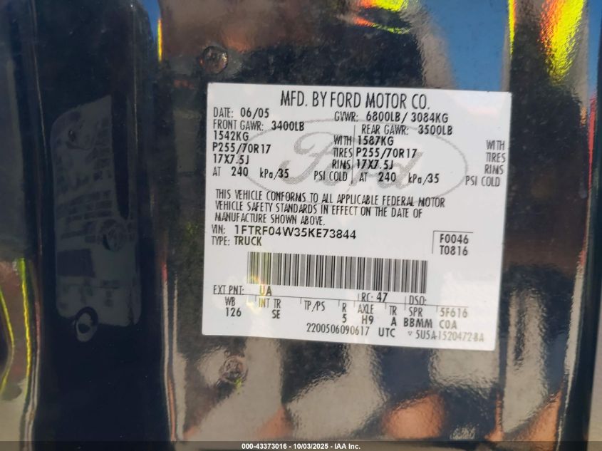 2005 Ford F-150 Stx/Xlt VIN: 1FTRF04W35KE73844 Lot: 43373016