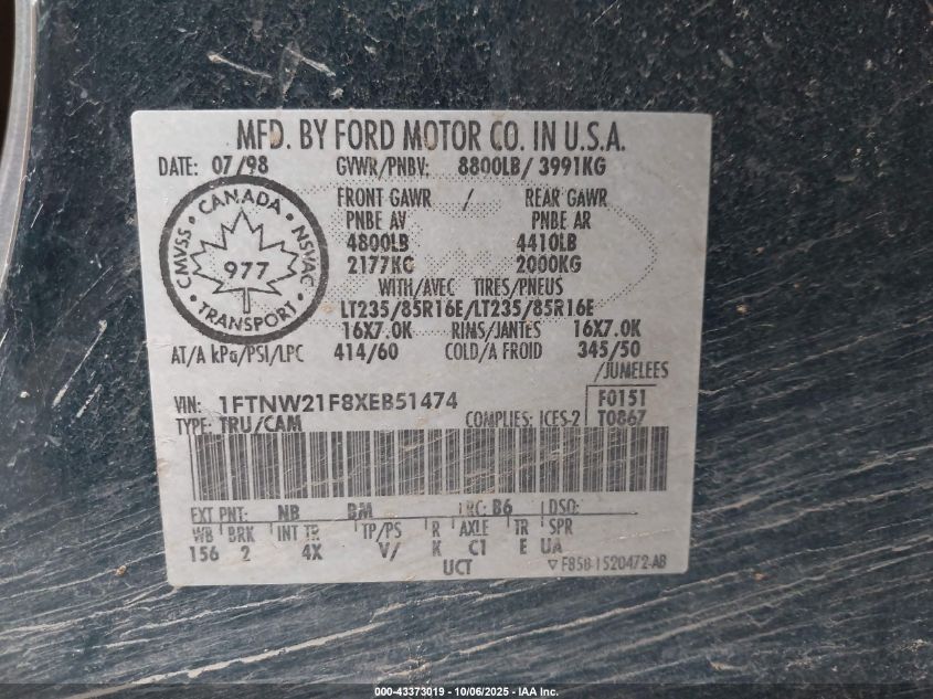 1999 Ford F-250 Lariat/Xl/Xlt VIN: 1FTNW21F8XEB51474 Lot: 43373019