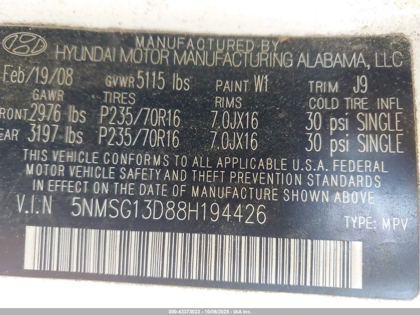 2008 Hyundai Santa Fe Gls VIN: 5NMSG13D88H194426 Lot: 43373023
