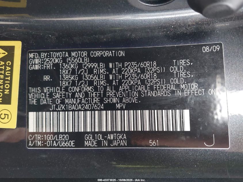 2010 Lexus Rx 350 VIN: JTJZK1BA0A2407624 Lot: 43373025