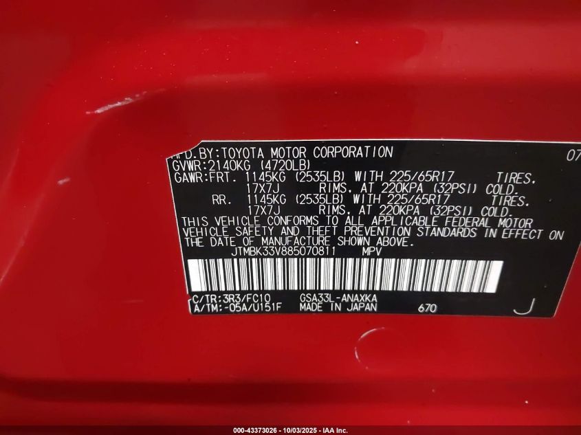 2008 Toyota Rav4 Base V6 VIN: JTMBK33V885070811 Lot: 43373026