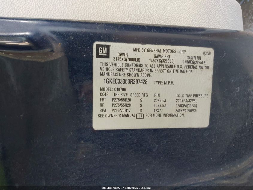 2009 GMC Yukon Slt1 VIN: 1GKEC33369R207428 Lot: 43373027