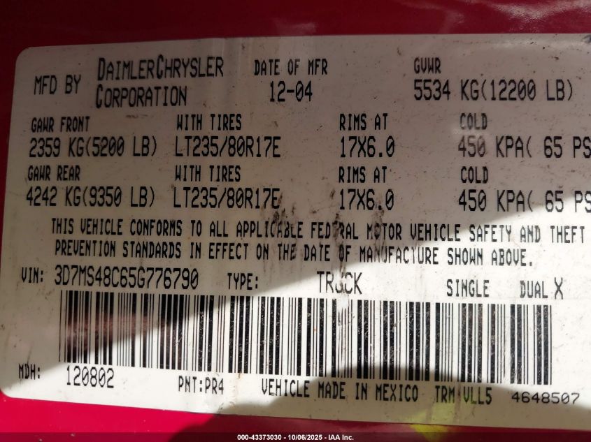 2005 Dodge Ram 3500 Slt/Laramie VIN: 3D7MS48C65G776790 Lot: 43373030
