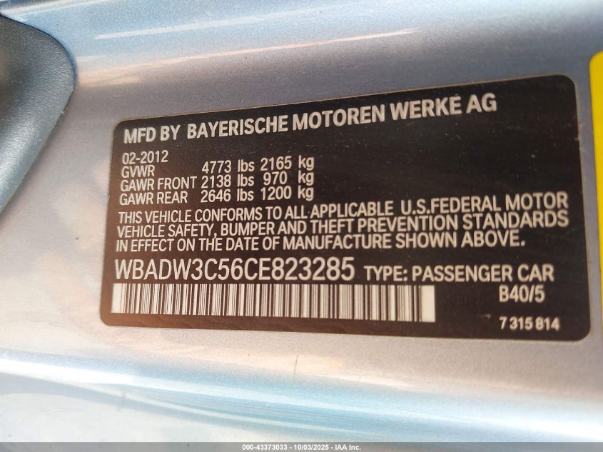 2012 BMW 328I VIN: WBADW3C56CE823285 Lot: 43373033