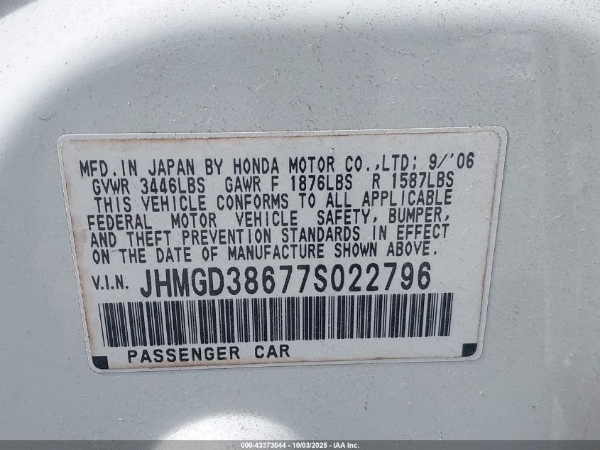 2007 Honda Fit Sport VIN: JHMGD38677S022796 Lot: 43373044