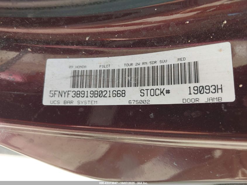2009 Honda Pilot Touring VIN: 5FNYF38919B021668 Lot: 43373047