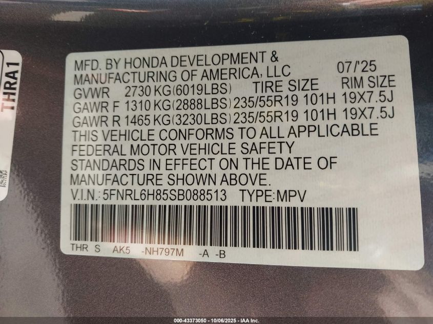 2025 Honda Odyssey Touring VIN: 5FNRL6H85SB088513 Lot: 43373050