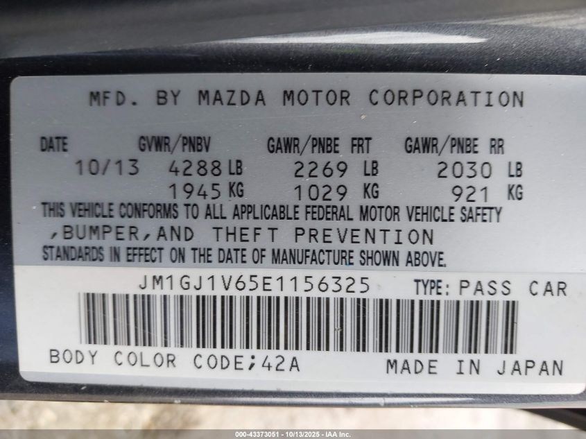 2014 Mazda Mazda6 I Touring VIN: JM1GJ1V65E1156325 Lot: 43373051