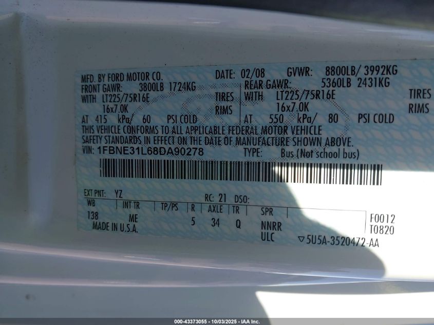 2008 Ford E-350 Super Duty Xl/Xlt VIN: 1FBNE31L68DA90278 Lot: 43373055
