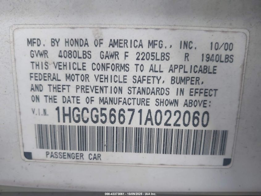 2001 Honda Accord 2.3 Ex VIN: 1HGCG56671A022060 Lot: 43373061