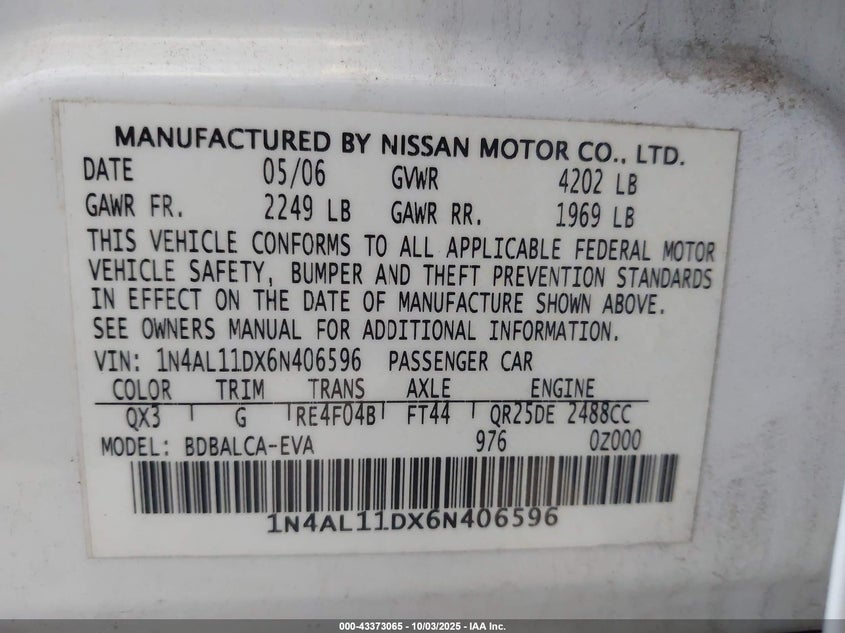 2006 Nissan Altima 2.5 S VIN: 1N4AL11DX6N406596 Lot: 43373065