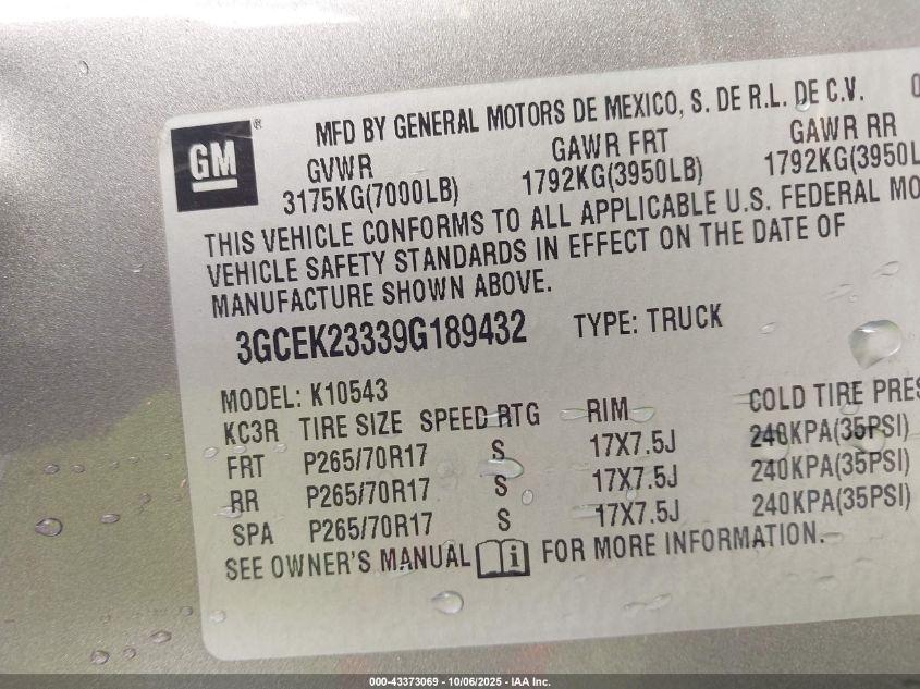 2009 Chevrolet Silverado 1500 Lt VIN: 3GCEK23339G189432 Lot: 43373069