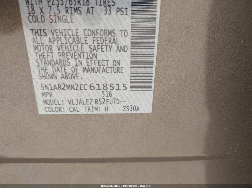 2014 Nissan Pathfinder Sv VIN: 5N1AR2MN2EC618515 Lot: 43373075