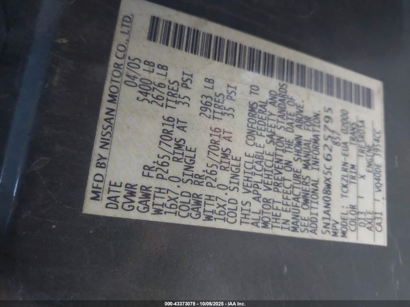 2005 Nissan Xterra S VIN: 5N1AN08WX5C625795 Lot: 43373078