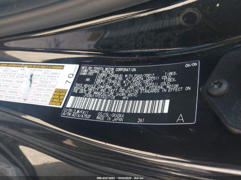 2007 Toyota Fj Cruiser VIN: JTEBU11F570027108 Lot: 43373082