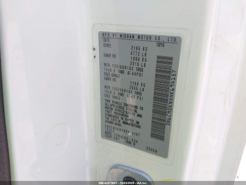 2017 Nissan Nv200 Sv VIN: 3N6CM0KNXHK694157 Lot: 43373091