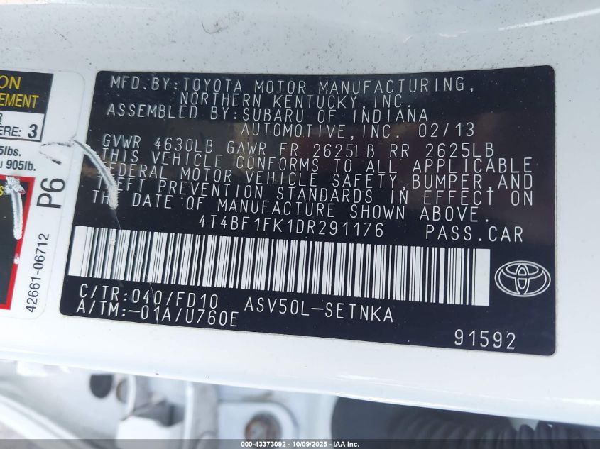 2013 Toyota Camry Le VIN: 4T4BF1FK1DR291176 Lot: 43373092