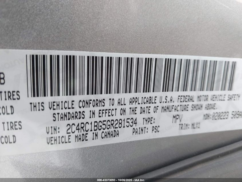 2016 Chrysler Town & Country Touring VIN: 2C4RC1BG5GR281534 Lot: 43373093