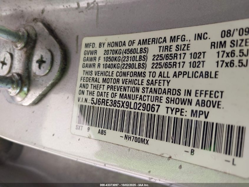 2009 Honda Cr-V Ex VIN: 5J6RE385X9L029067 Lot: 43373097