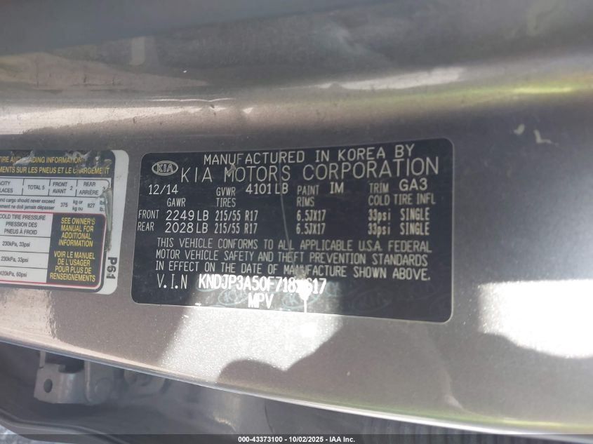 2015 Kia Soul + VIN: KNDJP3A50F7182617 Lot: 43373100