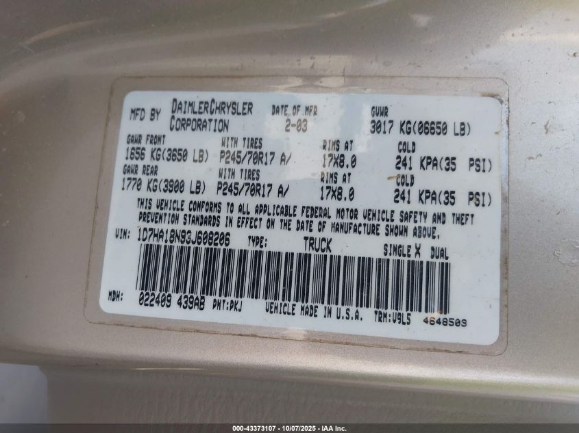 2003 Dodge Ram 1500 Slt/Laramie/St VIN: 1D7HA18N93J608206 Lot: 43373107