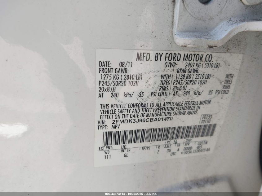 2012 Ford Edge Sel VIN: 2FMDK3J96CBA01470 Lot: 43373114