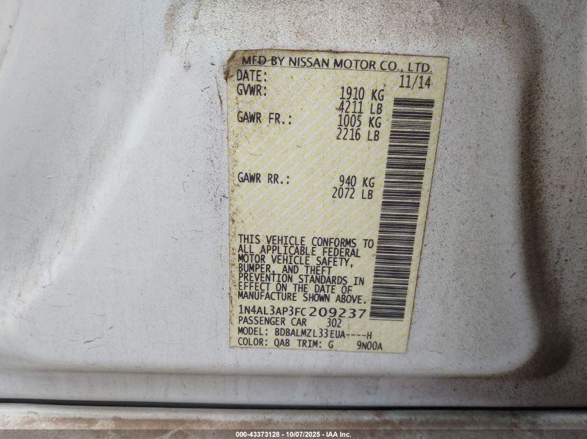 2015 Nissan Altima 2.5 Sv VIN: 1N4AL3AP3FC209237 Lot: 43373128