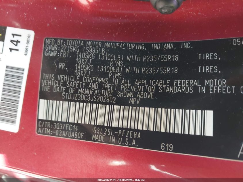 2018 Toyota Sienna Le 7 Passenger VIN: 5TDJZ3DC9JS202902 Lot: 43373131