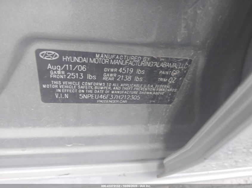 2007 Hyundai Sonata Limited/Se V6 VIN: 5NPEU46F37H212305 Lot: 43373132