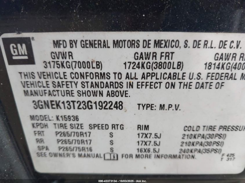 2003 Chevrolet Avalanche 1500 VIN: 3GNEK13T23G192248 Lot: 43373134