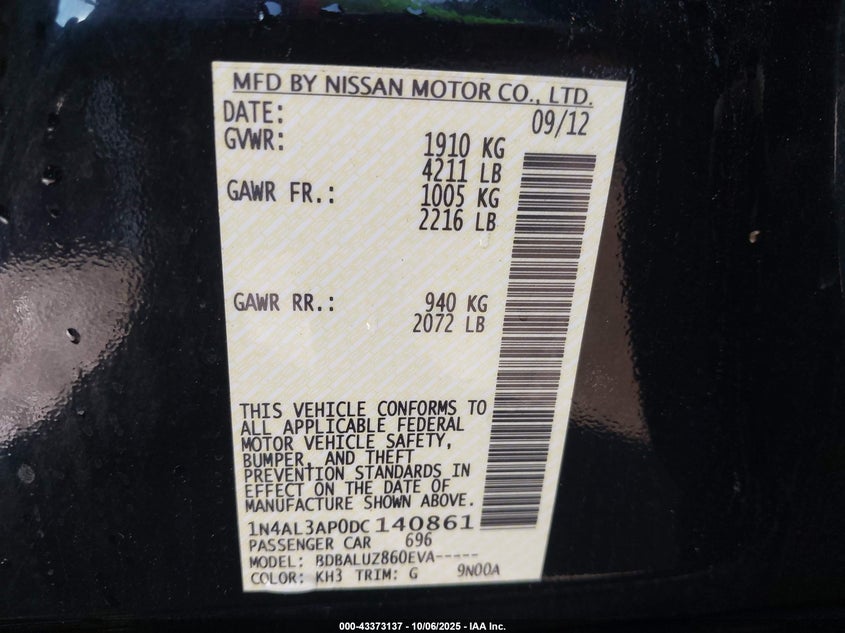 2013 Nissan Altima 2.5 Sv VIN: 1N4AL3AP0DC140861 Lot: 43373137